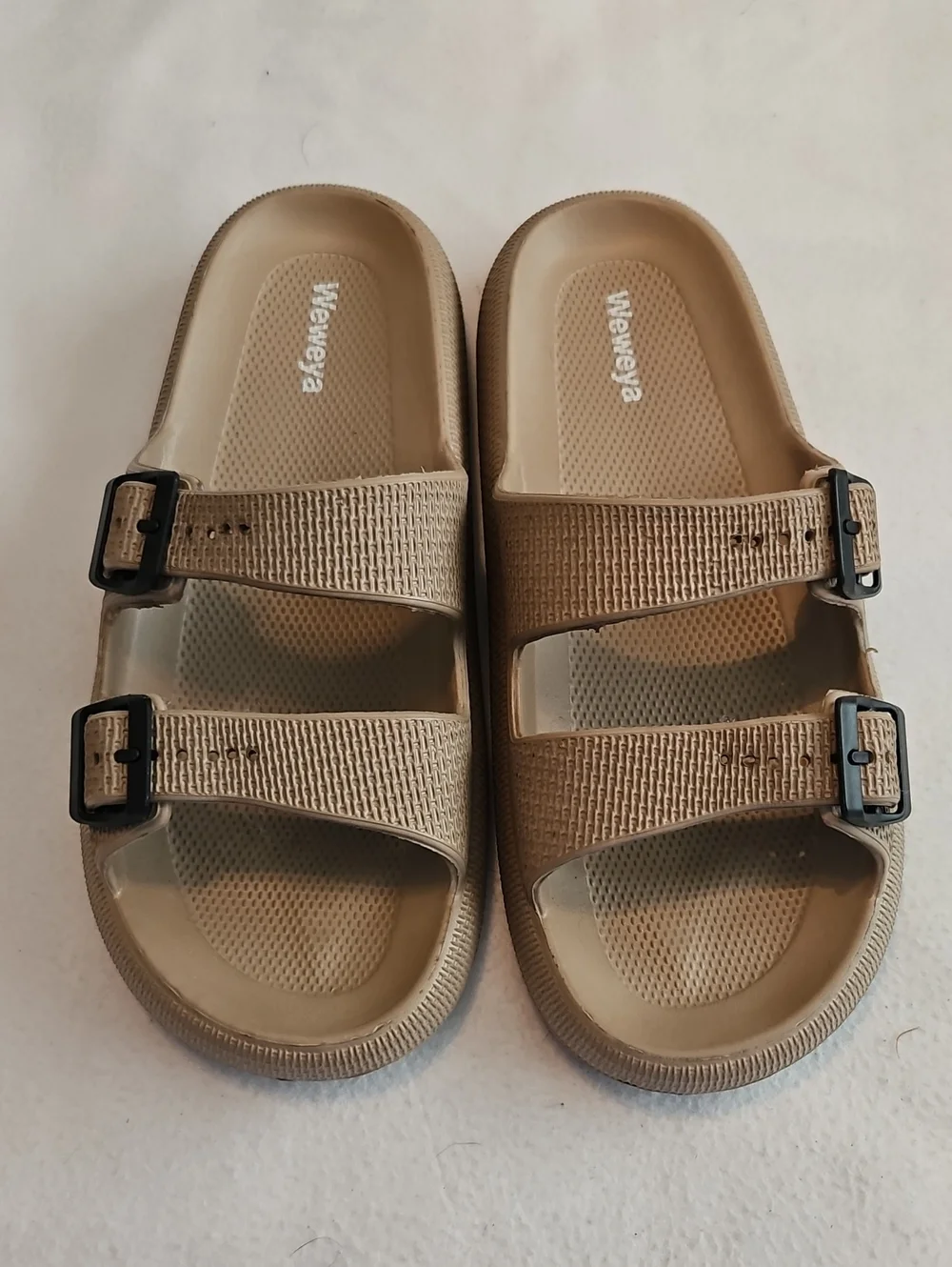 Weweya Two-Buckle Slide Sandals in Beige
